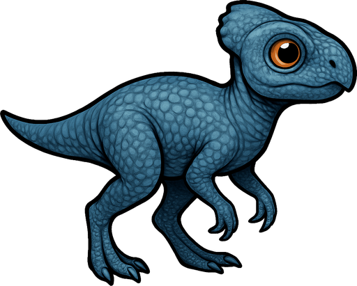 A small Microceratus dinosaur with smooth blue-gray scaly skin. It has a compact body, delicate limbs, and a short tail. The head has a small frill and bright curious eyes. The skin texture is detailed with fine scales, emphasizing its agility and small size..
In-Game asset.  2d.  High contrast.  No shadows
