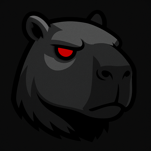 Quitale el casco y la resortera. Utiliza una paleta de colores grises. Has una expresion seria. Ojos rojos sin pupila. Utiliza los rasgos y formas de un capibara.