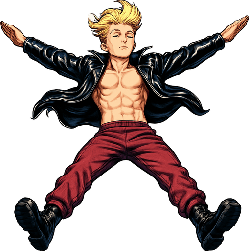 Swishy graceful man Cyberpunk manga, flying skydiving arms and legs flat straight face up, shiny black leather biker jacket longsleeves shirtless Skinny abs blonde pompadour guy, action shot wine red joggers combat boots, Background removed, "Full-body character, entirely in frame, no cropping of face, head, or feet" "Complete character visible, from head to toe, fully centered in the image" "Entire character, including face and boots, fully within the frame" Character fully contained within a square frame, no edges cut off fashion model pose