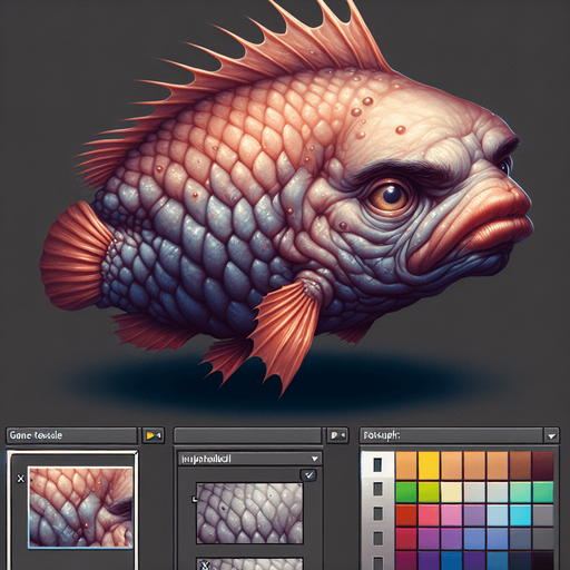 A fish with an Human male weird head in color in a realistic style.
Single Game Texture. In-Game asset. 2d. Blank background. High contrast. No shadows.