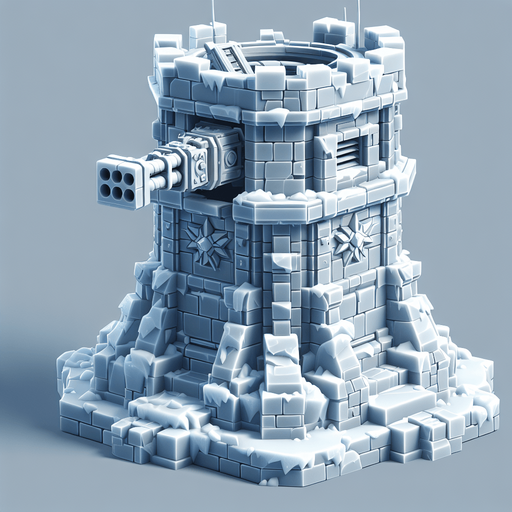 A turret tower built of ice blocks. Front view perspective. Single Game Texture. In-Game asset. 2d. Blank background. High contrast. No shadows.