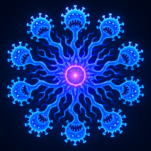 multi-headed virus monster, branching tendrils, glowing core, topdown view, blue and purple neon, organic digital fusion style, symmetrical, circular.
In-Game asset.  2d.  High contrast.  No shadows