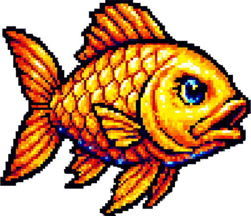 A shining golden mythical fish. Side profile, swimming. 
80s arcade machine graphics. White background. 
In-Game asset.  2d.  High contrast.  No shadows
