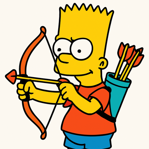 Bart holding a toy bow and has a quiver full of toy arrows.
In-Game asset.  2d.  High contrast.  No shadows