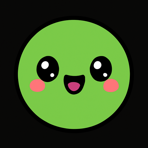 crea la imagen de una pelotita simple con una carita kawai verde.
In-Game asset.  2d.  High contrast.  No shadows