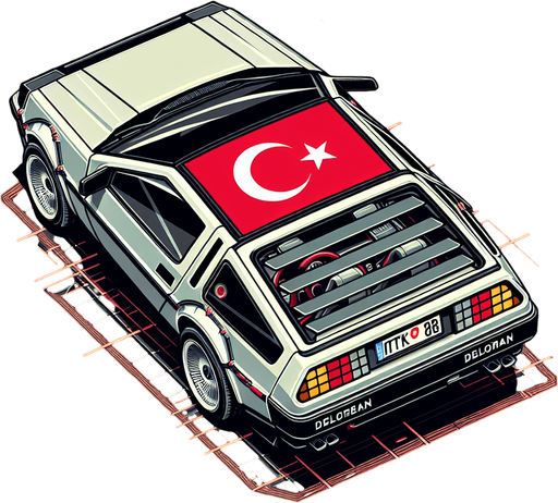 DeLorean car, seen from behind Top down, gta2, Single Game Texture. In-game asset. 2d. Empty background. High contrast. No shadows. isometric. Use modified car with turkish flag..
Single Game Texture. In-Game asset. 2d. Blank background. High contrast. No shadows.