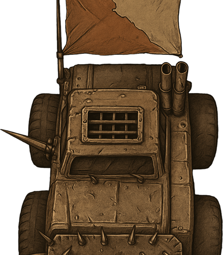 It will be in the style of a Mad Max truck and will have a top view. There will be a thorn plate in the front and the back will be smoother.