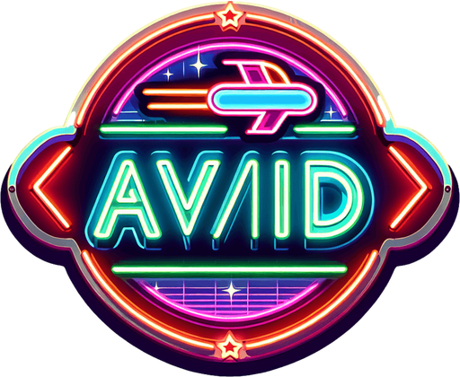 retro sign that says "avoid" with an flying car symbol in neon colors.
Single Game Texture. In-Game asset. 2d. Blank background. High contrast. No shadows.