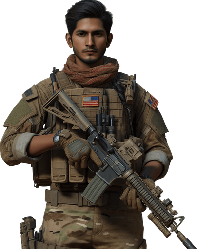 A man in the army suited with weapons.
Single Game Texture.  In-Game asset.  2d.  Blank background.  High contrast.  No shadows