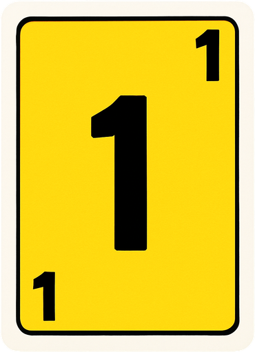 Rectangular card numbered 1, with a white border around it and a yellow background..
In-Game asset.  2d.  High contrast.  No shadows