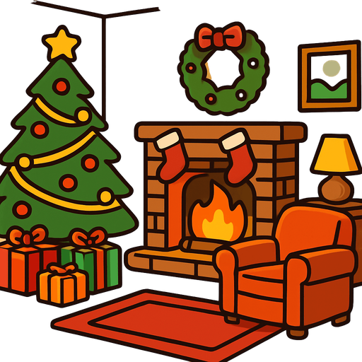 a cartoon style 3d image of a cozy christmas living room with a cozy fire in a fireplace..
In-Game asset.  2d.  High contrast.  No shadows