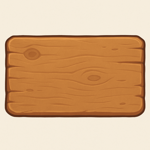 Crea un elemento de fondo con la apariencia de un tablón de madera desgastada, en un estilo 2D renderizado, limpio y cartoonish. El tablón debe tener una textura de madera visible (nudos, vetas sutiles, ligeras imperfecciones) para darle un toque rústico y orgánico, pero manteniendo la limpieza visual general del estilo.

El diseño debe considerar lo siguiente:

Forma: Un rectángulo con proporciones que permitan contener varios iconos de recursos horizontalmente (para la parte superior) y quizás un rectángulo más vertical para la selección de torres lateralmente. Podrías generar dos versiones con diferentes proporciones si lo prefieres.

Coloración: Tonos cálidos de madera (marrones claros a medios, quizás con toques de ocre o beige). Los colores no deben ser demasiado saturados para no distraer de los iconos que se colocarán encima.

Bordes: Los bordes del tablón pueden ser ligeramente irregulares o redondeados para reforzar la apariencia de madera natural. Podrías incluir sutiles det.
In-Game asset.  2d.  High contrast.  No shadows