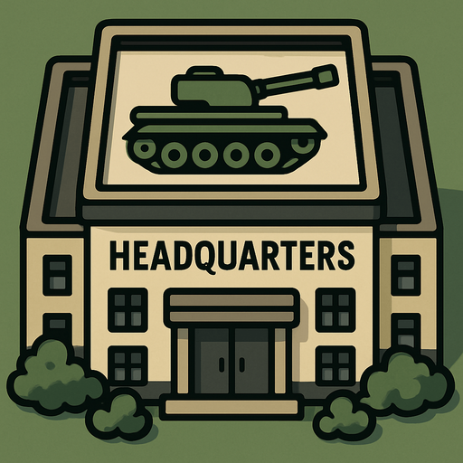 Kuş bakışı acısından bir karargah binası ve çatısımda tank resmi
In-Game asset.  2d.  High contrast.  No shadows