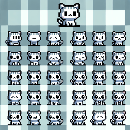 A spritesheet of a character sprite, which is a little grey and white striped cat, in various poses of sitting, looking happy, looking sad. Pixelart. The sprites should be laid out on a rectangular grid with clear space between them.Top down perspective..
Single Game Texture. In-Game asset. 2d. Blank background. High contrast. No shadows.