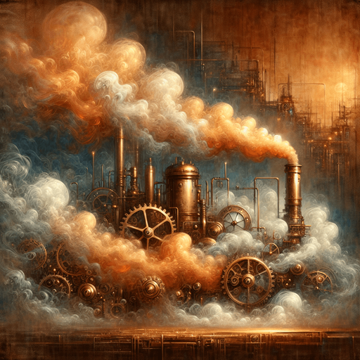 A hand-painted, steampunk-style illustration of billowing steam and smoke, rich with warm copper tones and industrial textures. The vapor swirls dynamically around intricate brass gears and pipes, glowing with subtle orange highlights as if lit by flickering gaslight. The painting style should mimic traditional concept art with visible brush strokes, soft edges, and a slightly weathered, vintage feel. The background features hints of a dimly lit factory, with atmospheric perspective fading into deep browns and blues. The steam itself appears thick, almost liquid, with a mix of transparency and volumetric density, evoking a sense of pressurized heat. Artstation trending, fantasy illustration, painterly style, warm lighting.
Single Game Texture.  In-Game asset.  2d.  Blank background.  High contrast.  No shadows