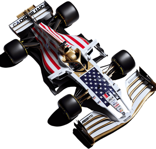 Photorealistic Cadillac F1 race car, top view.
Replace Cadillac text to golden coloured ,,Cadillaic" text on black rear wing.
Big American flag on white body. 
White ,,Andretti" and gm text on black front wing.