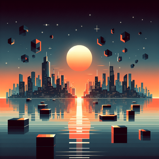 🔹 Floating low-poly islands or platforms in a futuristic city.
🔹 Horizon with a sun reflecting off water for a peaceful but futuristic look.
🔹 Colors: Sunset orange, deep blue, and glowing city lights..
Single Game Texture.  In-Game asset.  2d.  Blank background.  High contrast.  No shadows