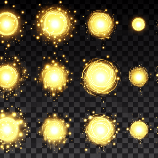 A sprite sheet of different round wisps. Like fireflies. Yellow in color, very bright center with a dimmer aura on the outside. 

Single Game Texture. In-Game asset. 2d. Blank background. High contrast. No shadows.
