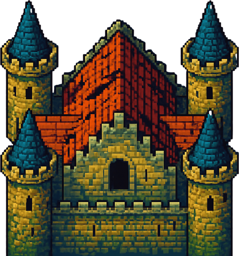 O telhado de um castelo medieval abandonado com suas torres. arte pixel 32 bits, vista aerea frontal.
In-Game asset.  2d.  High contrast.  No shadows