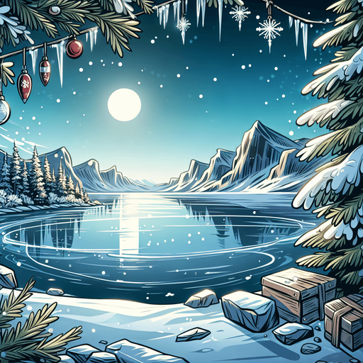 Outdoor empty frozen icy lake, Christmas decorated. View from standing at the middle of the lake looking towards shore. Cartoon. Middle of rink view.