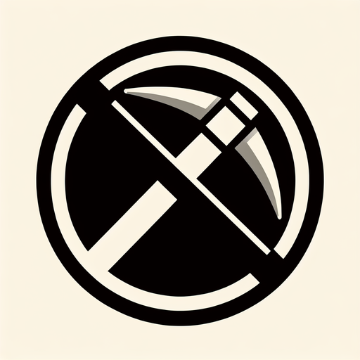 pickaxe with a circle around it and a slash going from the top of the circle to the bottom.
Single Game Texture.  In-Game asset.  2d.  Blank background.  High contrast.  No shadows