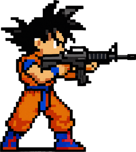 goku de dragon ball hecho con pixeles de cuepo completo con perspectiva lateral apuntando don un rifle de asalto m4
In-Game asset.  2d.  High contrast.  No shadows