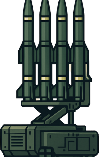 fixed anti-aircraft air defense system, rocket launcher, missiles vertically
In-Game asset.  2d.  High contrast.  No shadows