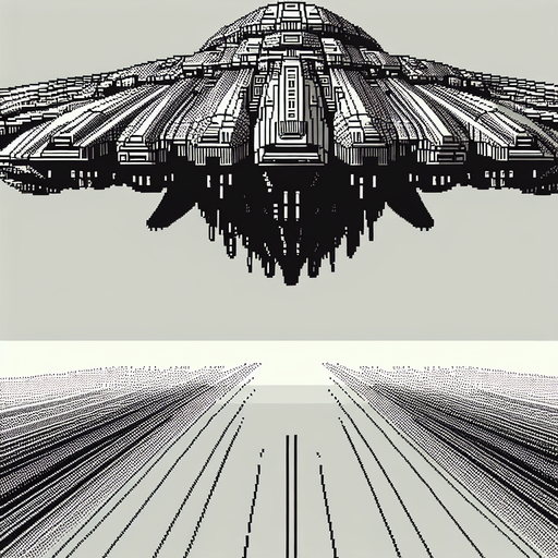 alien ship facing downwards.
Single Game Texture. In-Game asset. 2d. Blank background. High contrast. No shadows. Pixelated.