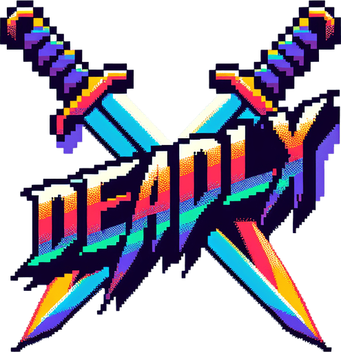 colored text saying (DEADLY). sharp dagger edges around the text. pixelated. 8 bit. retro Single Game Texture. In-Game asset. 2d. Blank background. High contrast. No shadows.