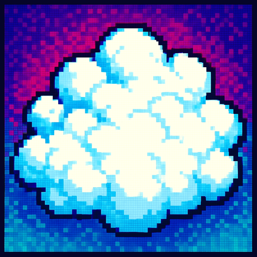 A  long fluffy white cloud seen from overhead. 80s arcade machine graphics.
In-Game asset.  2d.  High contrast.  No shadows