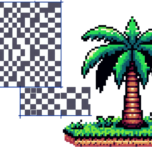 8bit. cartoon. palm tree..
Single Game Texture. In-Game asset. 2d. Blank background. High contrast. No shadows.