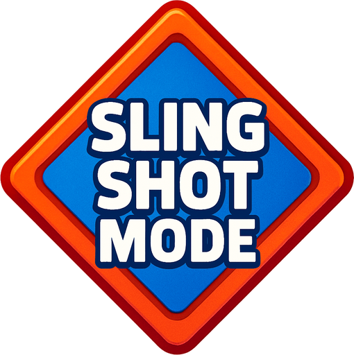 Diamond shaped colourful button that says sling shot mode.
In-Game asset.  2d.  High contrast.  No shadows