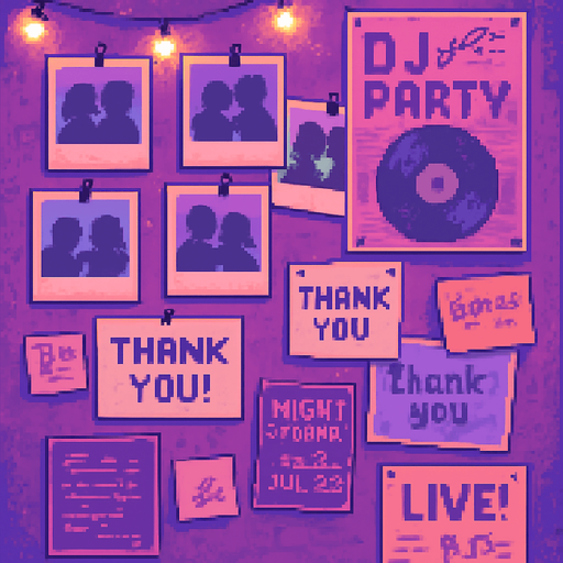 A 2048x2732 vertical pixel art background for a credits screen in a rhythm-based pixel art game. The scene shows a cozy wall in the same neon-lit DJ studio, filled with pinned polaroid photos, signed posters, music flyers, sticky notes, and handwritten thank-you notes. Soft glowing fairy lights hang above. The lighting is soft pink, violet and blue, with a nostalgic, emotional, and heartfelt vibe. No characters or UI — just a decorative wall filled with creative memories and gratitude..
In-Game asset.  2d.  High contrast.  No shadows