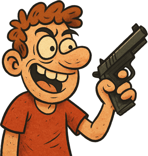 şakaci komik yüzlü salak gözüken ama cesur bir karakter pistol tutuyor.