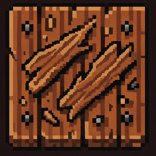 Vista cenital de una baldosa de puerta de madera destruida, aislada, vista desde arriba, estilo pixel art 2D para videojuego, textura continua y repetible, sprite de 32x32. Sin manija, sin marco, sin bisagras. Tablones de madera rotos, astillas y clavos decorativos dispersos. Vetas de madera estilizadas. Alto contraste, arte estilo hecho a mano. Sin sombras. Sin fondo..
In-Game asset.  2d.  High contrast.  No shadows