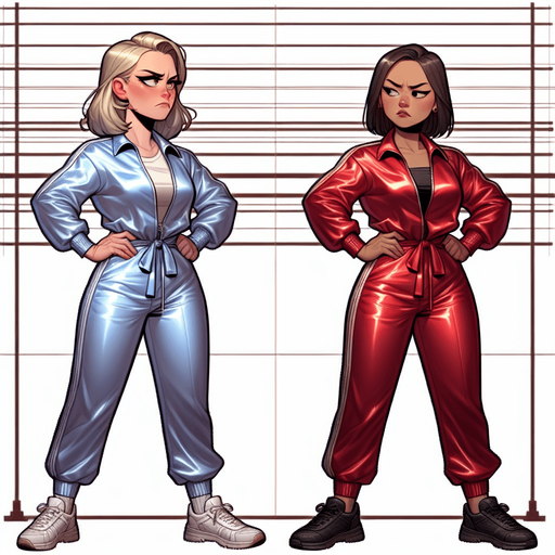 Breast to breasts. Друг против друга стоят. eye to eye. Beautiful blonde norwegian girl in satin track jacket tracksuit color blue vs beauty brunette asian girl in silk track jacket tracksuit color red. Руки за спиной грудь вперед. Смотрят боком стоят в профиль гордо подбородок вверх. Cartoon comics. Во весь рост. Гордые, красивые, злые, раздраженные, с призрением смотрят, скривили губы. Tracksuit track jacket shiny satin. Ноги в кроссовках, блондинка в белых кроссовках, брюнетка в черных кроссовках спорт. Драка бой удары борьба.
Single Game Texture. In-Game asset. 2d. Blank background. High contrast. No shadows.