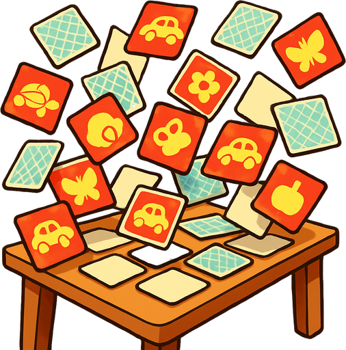 A table with the game Memory on it that got jostled so the card are flying in the air..
In-Game asset.  2d.  High contrast.  No shadows. Cartoon style. 3D image