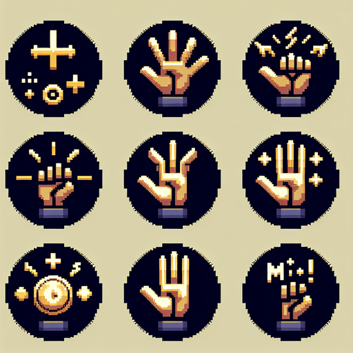 create a sprite sheet of 6 buttons, the first hand icon with a +, hand icon with an electricity icon, another with a golden hand, another with a hand and an ×, and one with a hand icon, written max.
Single Game Texture.  In-Game asset.  2d.  Blank background.  High contrast.  No shadows