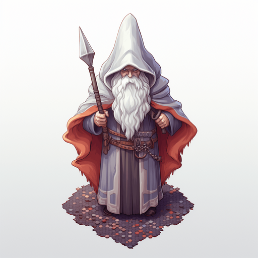 single wizard, hooded Pixel art, 16 bit, isometric, SNES, top-down, no background, white background, low resolution, symmetrical, seen from front.
