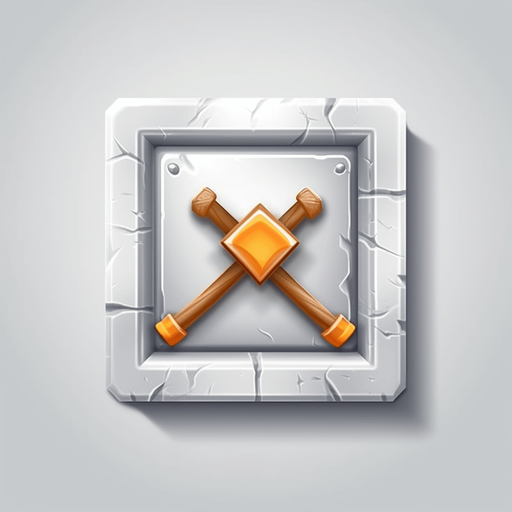 Single square button with bow and arrow on it. Metal button
Game Texture. In-Game asset. 2d. Pixelart. White background. Blank background. Low detail. High contrast.