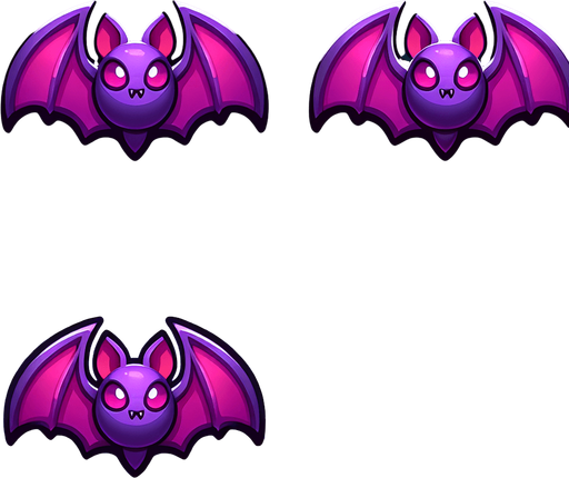 purple bat.
Single Game Texture. In-Game asset. 2d. Blank background. High contrast. No shadows.