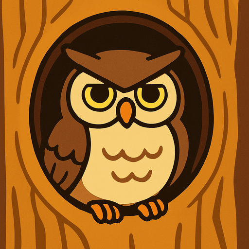 gambar 2d anime burung hantu dalam lubang pohon.
In-Game asset.  2d.  High contrast.  No shadows