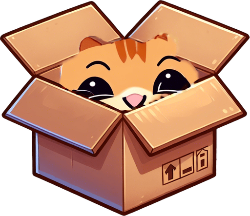 cute Chibi ginger cat look from the box into the camera. Cheeky, happy.