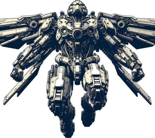 super robot facing upward and his back on screen flying.
Single Game Texture. In-Game asset. 2d. Blank background. High contrast. No shadows.
