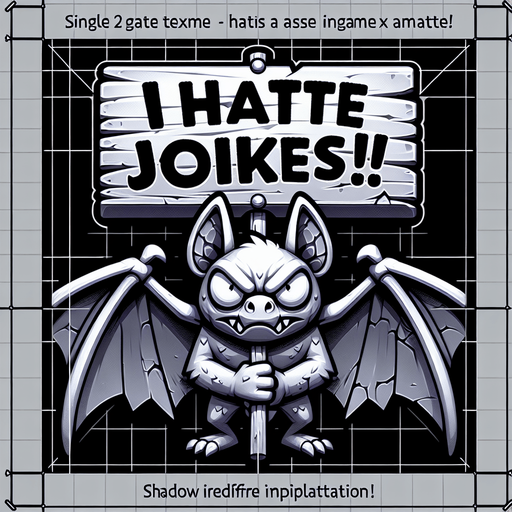 A bat holding a sign that says I Hate Jokes!.
Single Game Texture.  In-Game asset.  2d.  Blank background.  High contrast.  No shadows