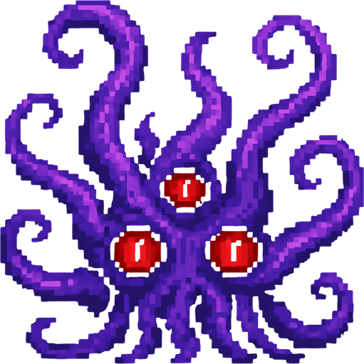 Purple tentacles pixel art and red eyes 2d.
In-Game asset.  2d.  High contrast.  No shadows