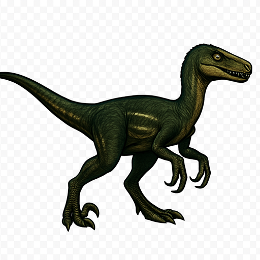 A sleek and agile Deinonychus dinosaur in a neutral pose on a transparent background. It has a slender body covered with dark green and brown textured scales, accented with lighter stripes along its sides. The head is narrow with sharp teeth visible, and bright, alert eyes. Its arms are relatively long with sharp claws, and its legs show the famous sickle-shaped claws on the second toes. The tail is long and flexible for balance. The skin texture is detailed, showing small scales and subtle muscle definition..
In-Game asset.  2d.  High contrast.  No shadows