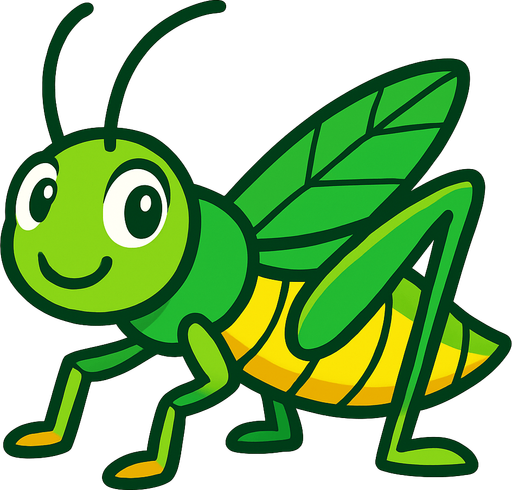 yeşil ve sarı renkli sevimli çekirge.
In-Game asset.  2d.  High contrast.  No shadows