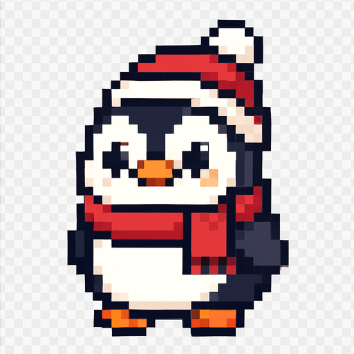 El pingüino debe ser un personaje tierno y redondeado, con cuerpo negro y blanco bien definido, picos y patas naranjas, y ojos grandes y expresivos que transmitan simpatía; puede llevar una bufanda roja o gorrito invernal como detalle extra, y debe tener una animación suave de balanceo lateral o parpadeo para darle vida; el estilo debe ser pixel art limpio, con trazos simples y colores vivos, y el fondo transparente para que se integre perfectamente en un juego casual y alegre.
In-Game asset.  2d.  High contrast.  No shadows