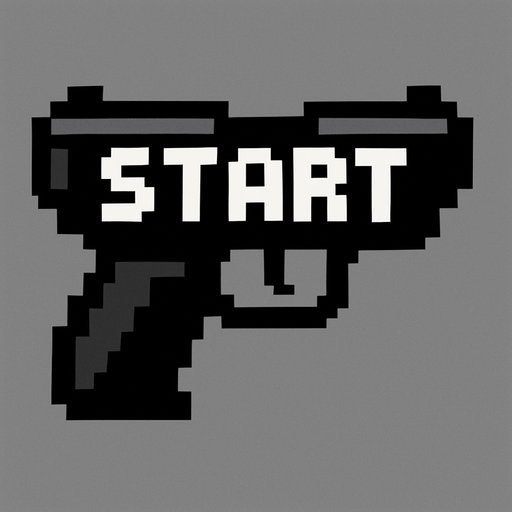 una pistola negra hecha con pixeles que diga start en medio
In-Game asset.  2d.  High contrast.  No shadows